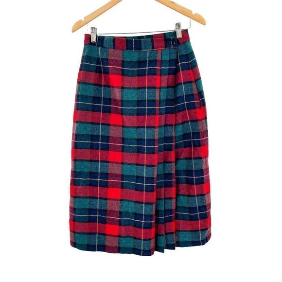Vintage Boundary Waters Plaid Wool Pleated Midi Skirt 12 - Picture 1 of 4